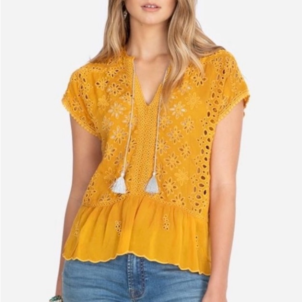 Johnny Was Yellow Eyelet Lace Women Top large NEW